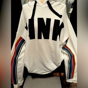 White hoodie with rainbow striped sleeves HTF size large